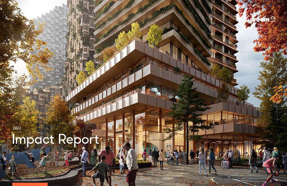 The cover page for the 2022 Impact Report, showcases a rendering of a tall building hugged by trees and a bustling scene of families enjoying the outside space and playground