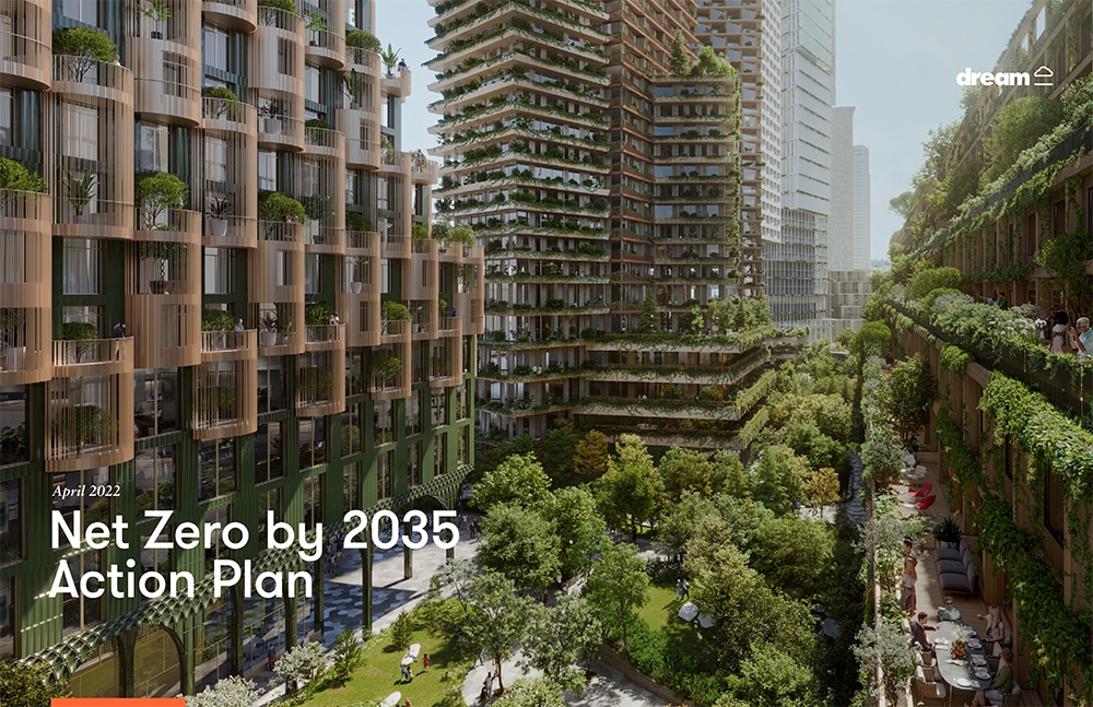 2022 Net Zero by 2035 Action Plan, against a background of tall buildings hugged with lush green landscape