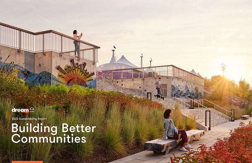 Outdoor scene with a multi-level concrete structure, colorful murals, greenery, tents with pointed tops, and two people—one taking a photo and another sitting—captured during sunrise or sunset with text reading "dream 2022 Sustainability Report Building Better Communities."