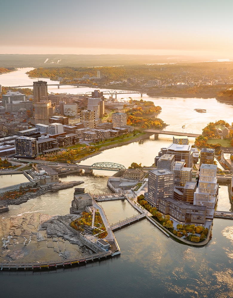 Rendering of the Zibi Project, a birds eye view of a city scape with tall buildings and lush greenery, with a sunrise in the background, featuring a river flowering beneath a charming bridge