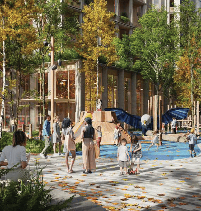 Vibrant outdoor park scene with children and adults near a large blue eagle-wing-shaped slide, surrounded by autumn trees, fallen leaves, and modern buildings with balconies and large windows.