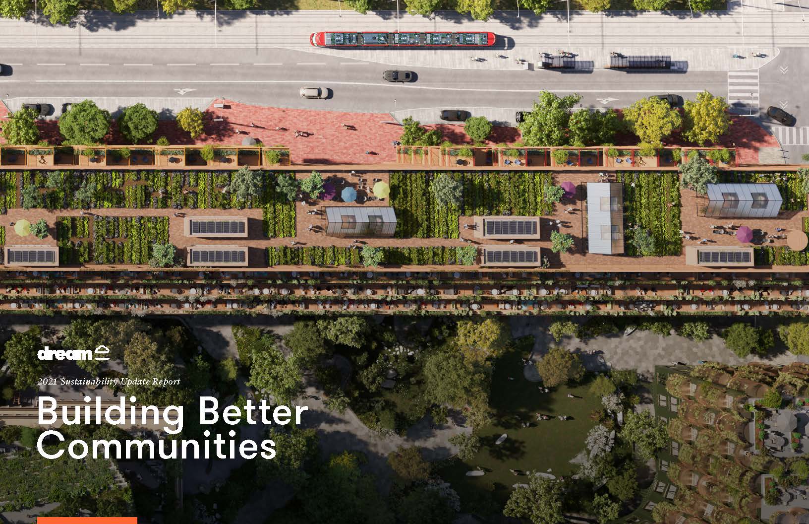 Cover page for the 2021 Sustainability update report titled building better communities, featuring an aerial view of the top of a building with an urban farm