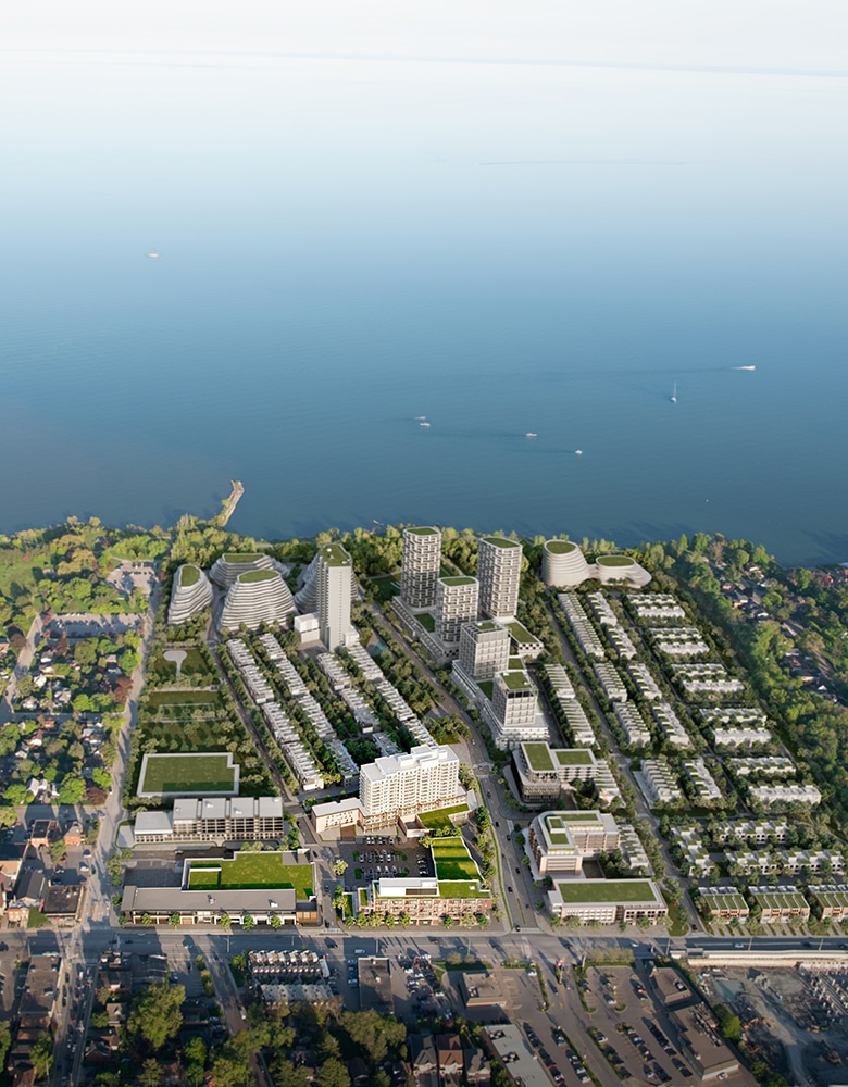 Aerial view of Brightwater, a coastal city with high-rise buildings, residential areas, green spaces, and boats on a large body of water