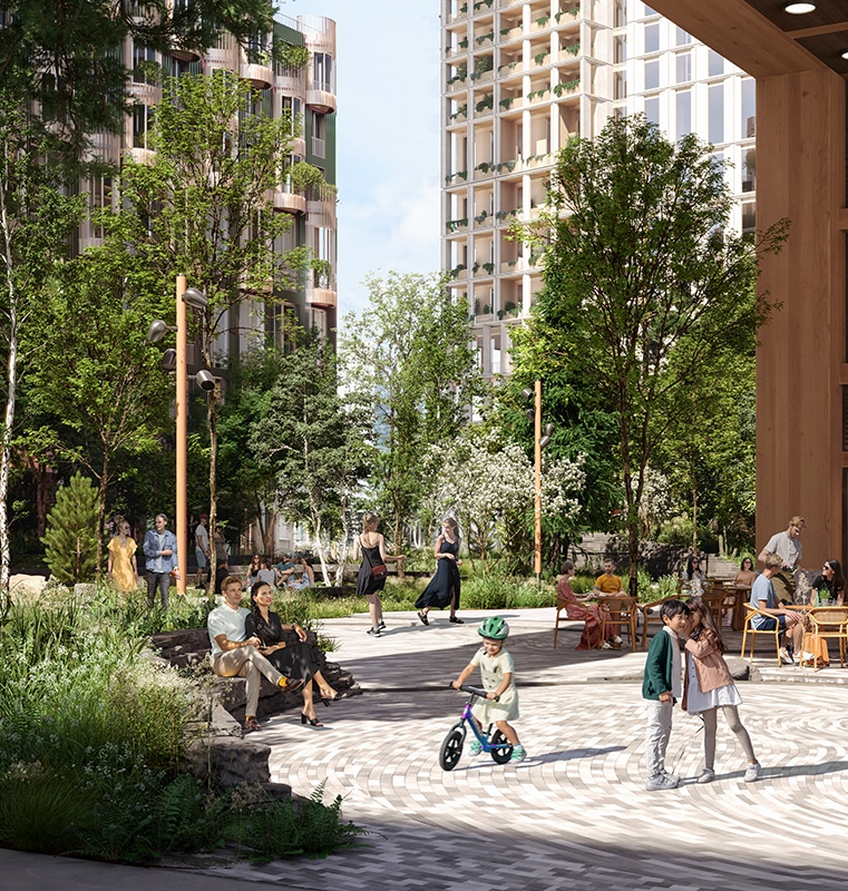 Vibrant urban park or courtyard with people walking, sitting, and socializing among lush greenery and tall buildings, including a child riding a balance bike and outdoor seating near a café or restaurant