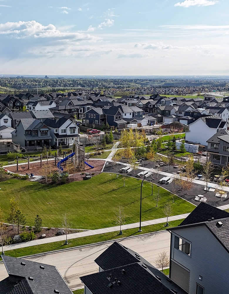 Bird’s-eye view of Alpine Park, a well-developed residential community with modern homes and lush green lawns; in the foreground, a vibrant community park features a blue slide and picnic tables surrounded by greenery